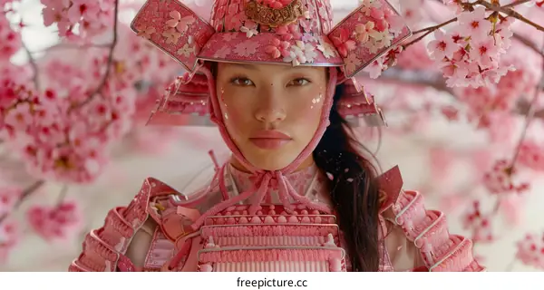 Pink Samurai Armor Woman in Cherry Blossom Field