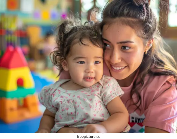 Toddler smiling while sitting in a young woman's arms