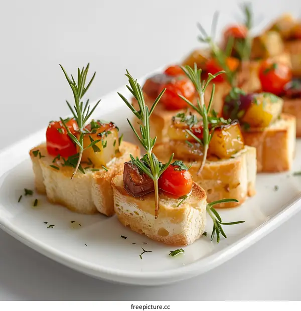 food photography of bruschetta with cherry tomatoes and rosemary