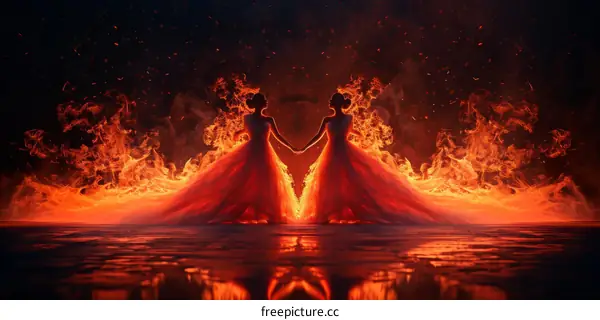 Two women in fiery dresses standing in front of a dark background
