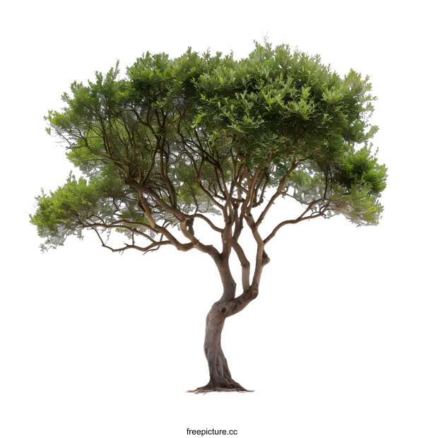 [Transparent Background PNG]Green Tree With Twisted Trunk Isolated On White Background