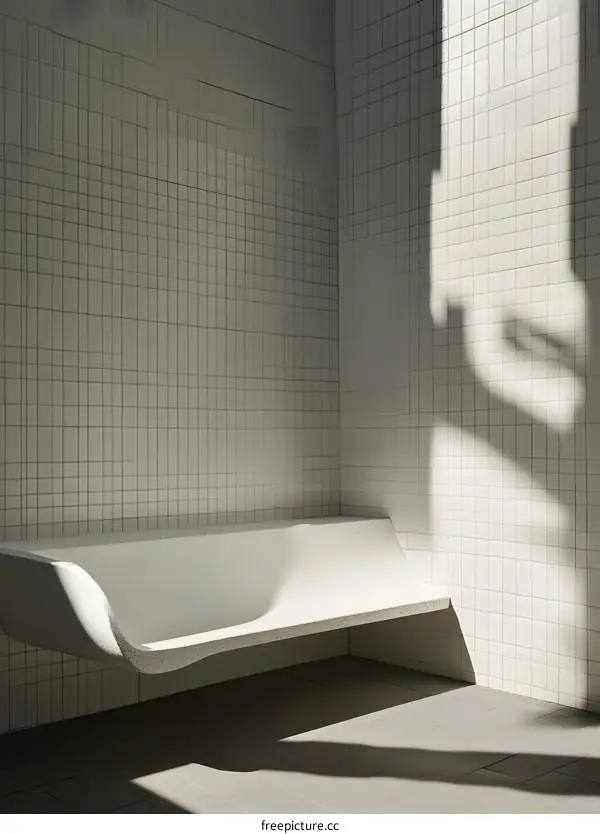 Modern White Concrete Bench in a Tiled Room