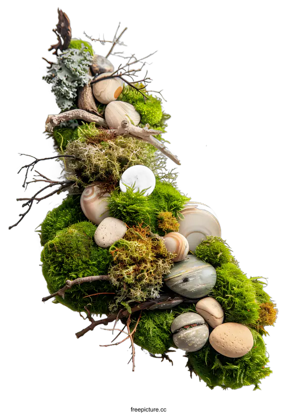 [Transparent Background PNG]Green Moss and Stones on White Background