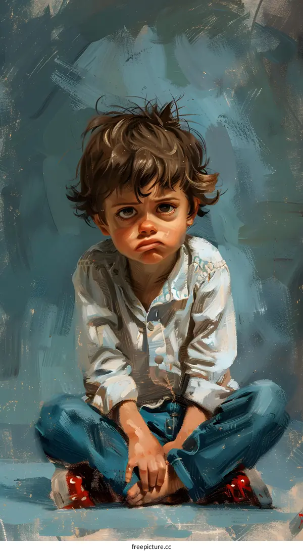 sad boy in white shirt and blue jeans