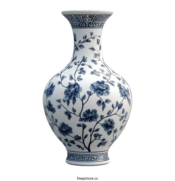 [Transparent Background PNG]Blue and White Porcelain Vase with Floral Design