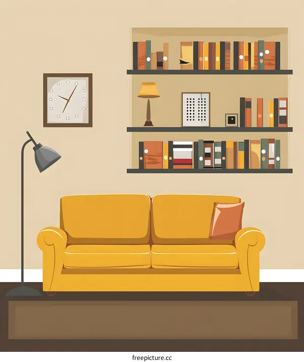 Living Room Interior Design with Yellow Sofa and Bookshelf