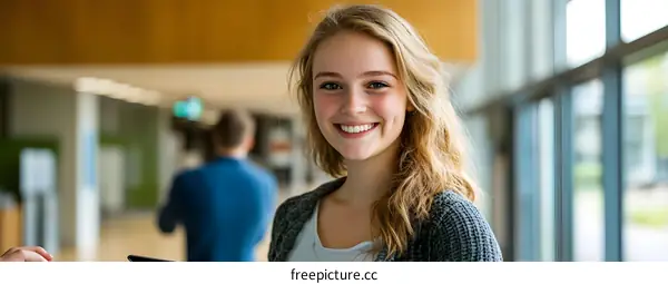Smiling Young Woman Student in a University Hallway