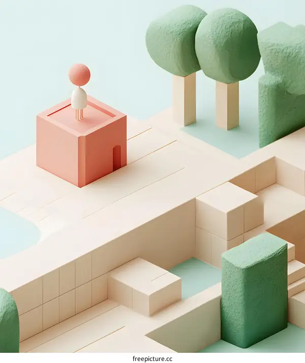 Minimalist 3D Illustration of a Person Standing on a Building in a Geometric Landscape