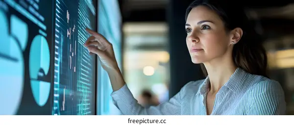 Woman Analyzing Data on Large Screen