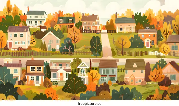 Autumn Village Illustration with Colorful Houses and Trees