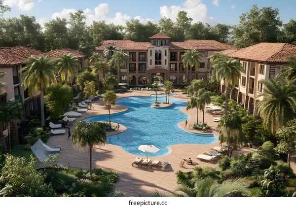 Luxury Resort Swimming Pool with Palm Trees and Buildings