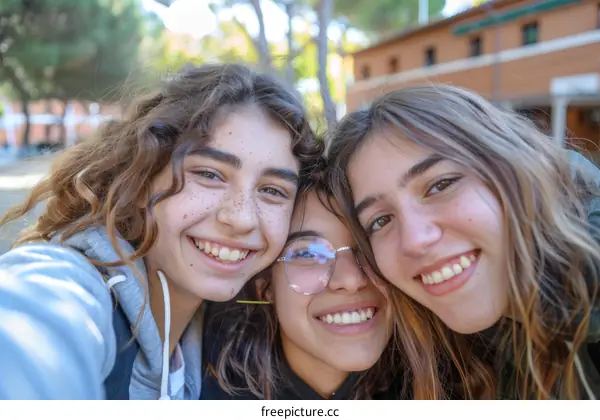 Three Teenage Girls Taking a Selfie Together