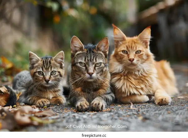 A ginger cat and two tabby cats are lying on the ground looking at the camera