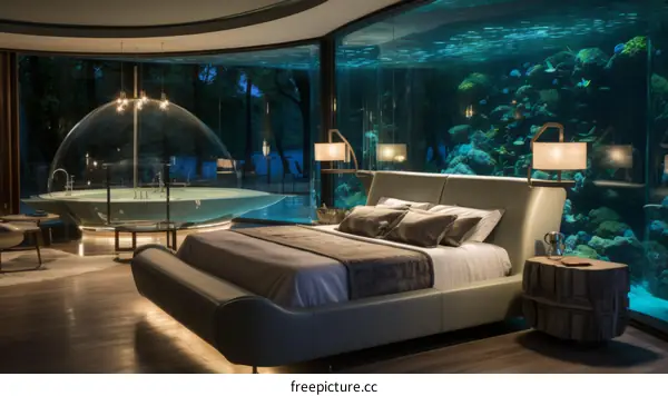 Amazing bedroom with a huge aquarium
