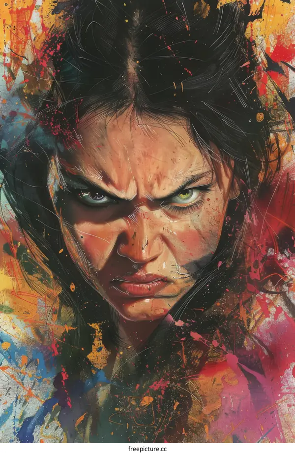 A close up of a womans face with green eyes and dark hair