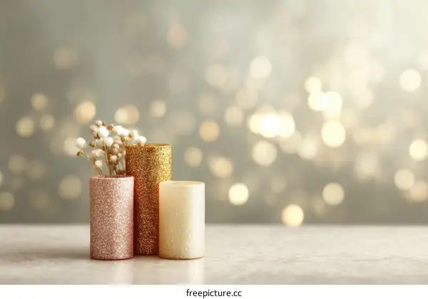 Three Glitter Cylindrical Vases with Bokeh Background