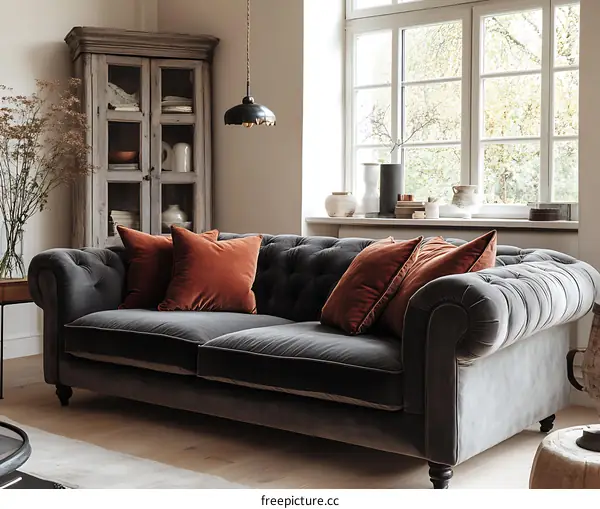 Elegant Gray Velvet Chesterfield Sofa in a Cozy Living Room