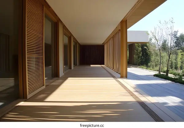 Modern Wooden Patio With Sliding Doors and  Wooden Beams