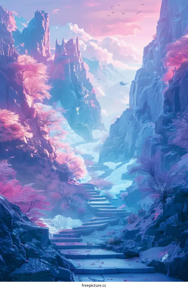 fantasy landscape with pink trees and blue mountains