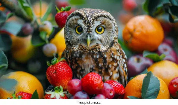 A cute owl sits in a pile of fruit