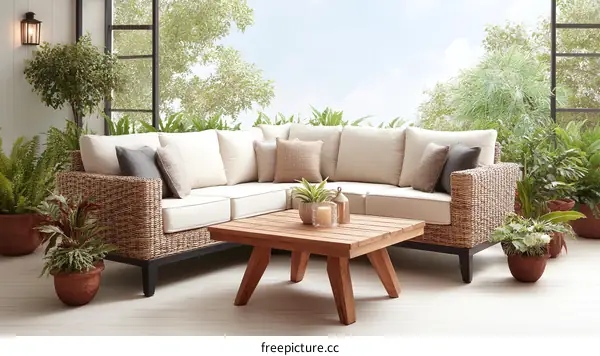 Modern Outdoor Sectional Sofa Set with Wooden Coffee Table