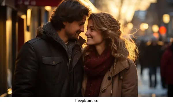 A loving couple is walking down the street