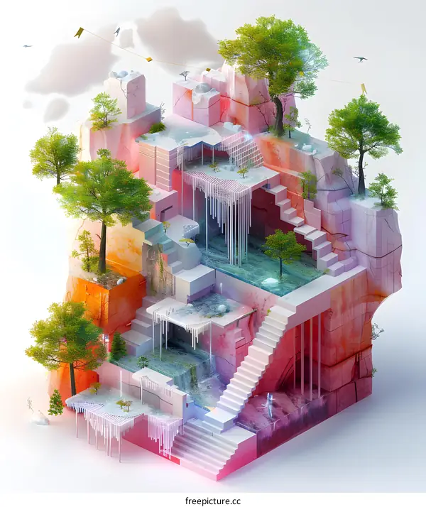 Abstract Landscape with Geometric Shapes and Trees