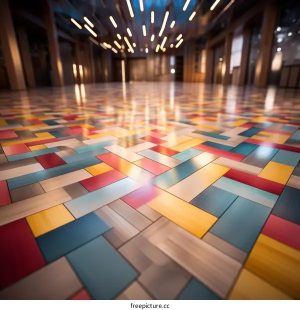 Multicolored parquet floor tiles in perspective
