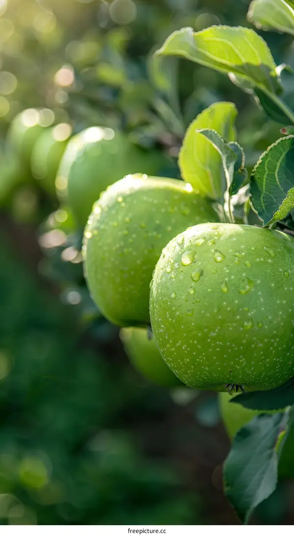 A close-up image of a granny smith apple tree with ripe apples hanging from its branches