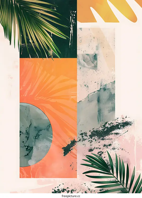Abstract Tropical Collage with Palm Leaves and Geometric Shapes