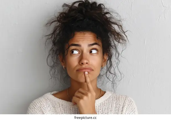 Thoughtful Woman Portrait Against Light Grey Background