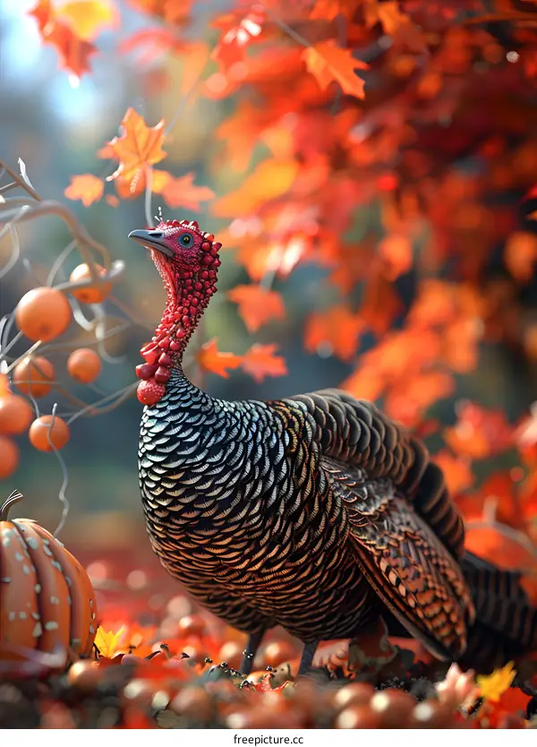 A turkey standing in a fall forest