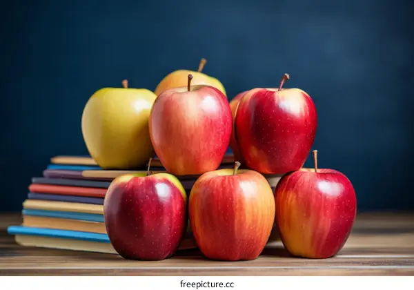 A stack of books with red, yellow, and green apples on a wooden table with a dark blue background
