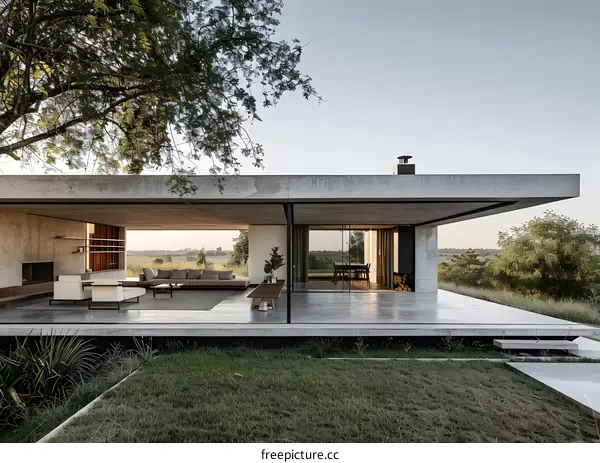 Modern Concrete House with Large Windows and Outdoor Patio