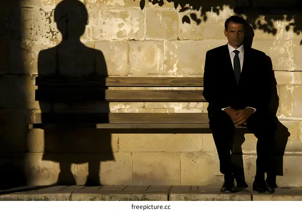 Man Sitting on Bench with Shadow of Another Person
