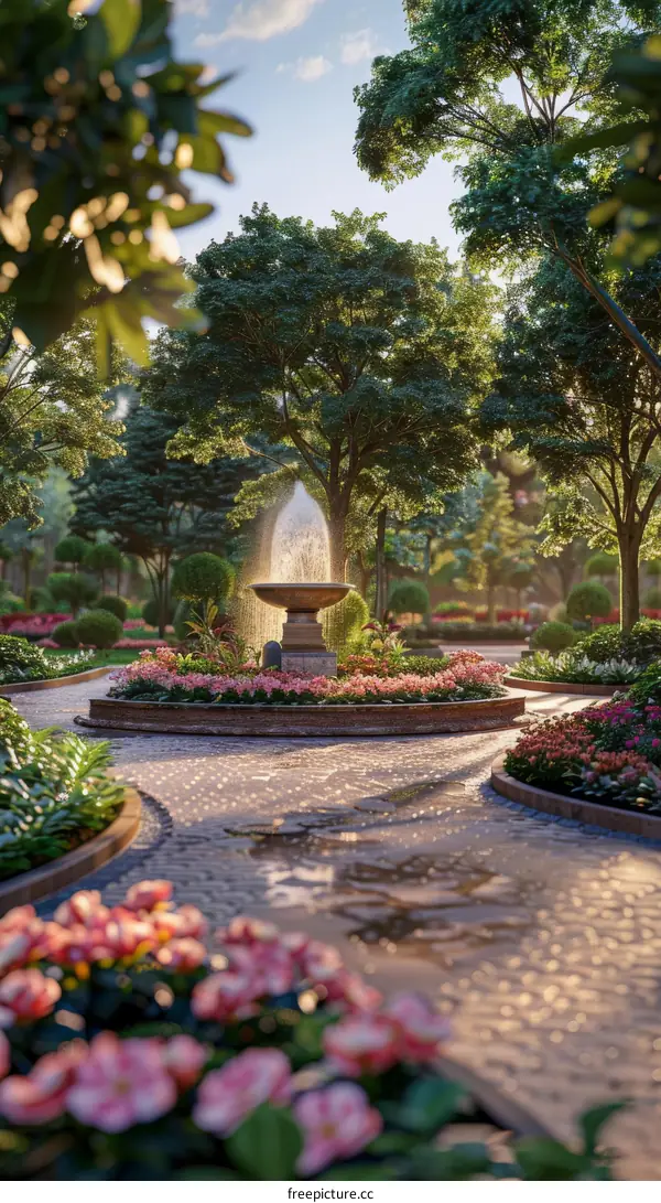 Beautiful Garden with Fountain and Flowers