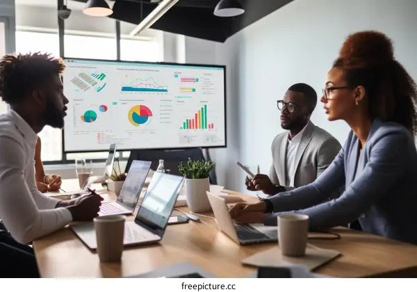 A group of people are sitting around a table having a meeting.