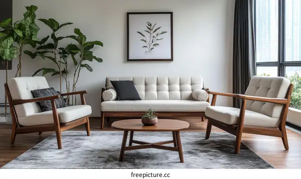 Modern Wooden Armchair and Sofa Set in a Cozy Living Room