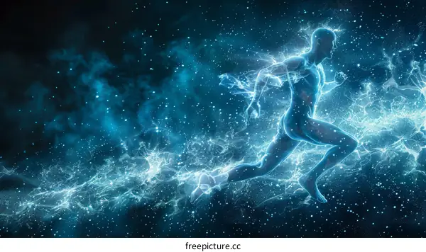Blue translucent man running in space