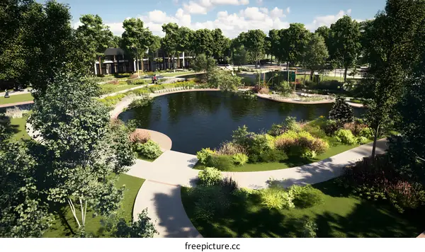 Aerial View of a Pond in a Park with a Walking Path and Trees