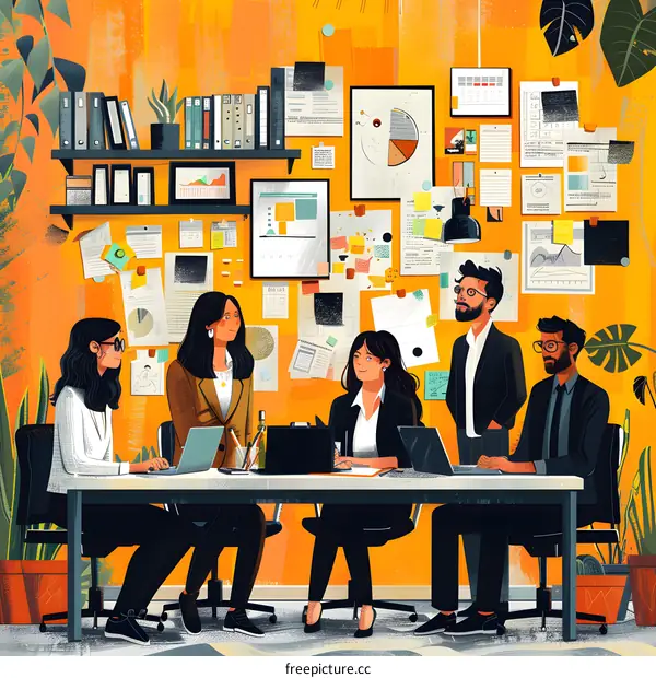 A group of business professionals having a meeting in an office decorated with papers and sticky notes.