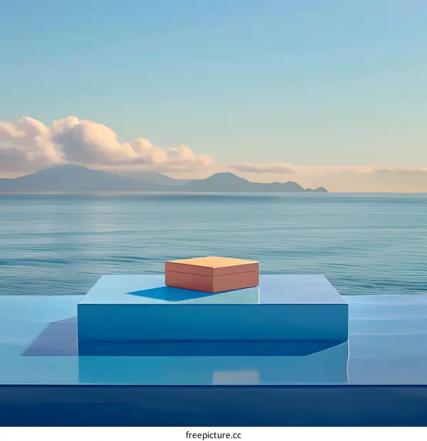 Minimalist Blue Platform With Golden Box Overlooking Ocean