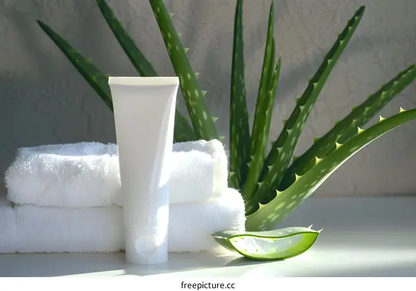 Aloe Vera Plant With Cream Tube And White Towels