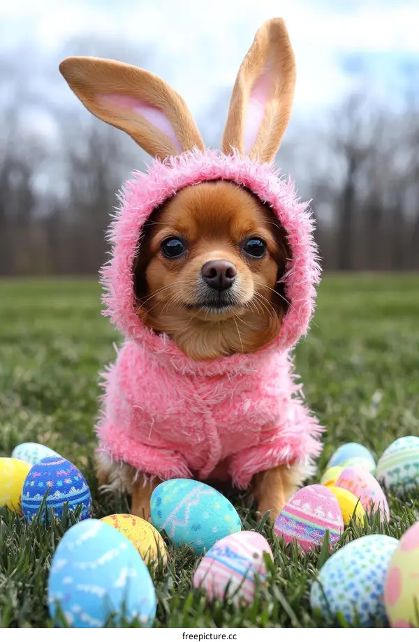 Cute Dog in Easter Bunny Costume with Colorful Eggs