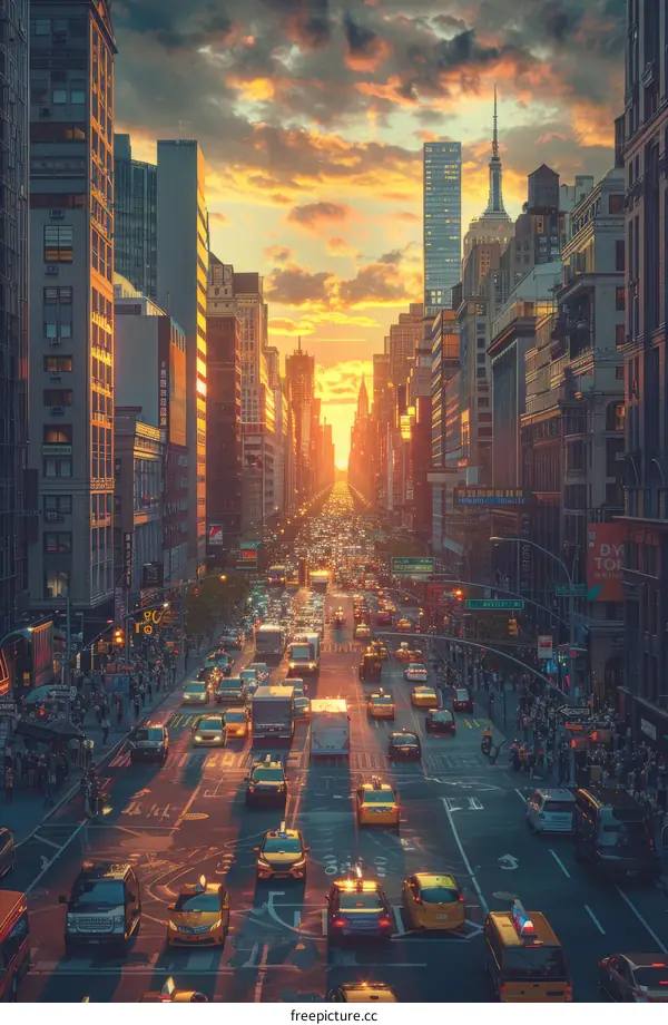 Sunset City Street Scene with Cars and Buildings
