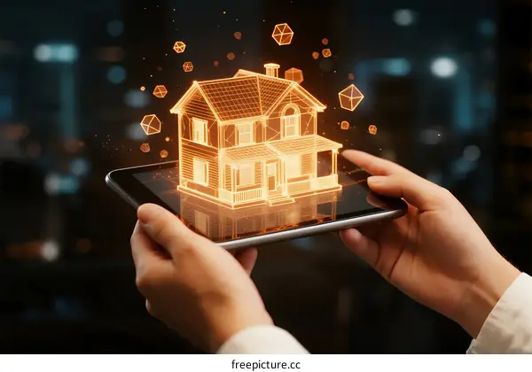 Digital House Model Displayed on Tablet with Holographic Elements
