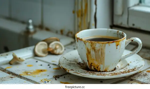 White ceramic cup of coffee on a white table next to mushrooms