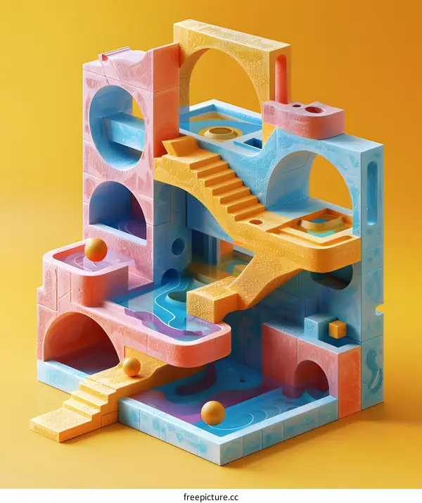 3D rendering of a colorful geometric structure with stairs and arches