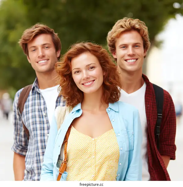 Group of young college students walking together outdoors