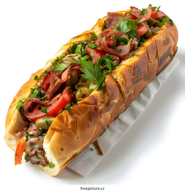 A delicious sandwich with ham, cheese, tomato, and olives.